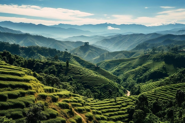 une vue sur les montagnes d'une plantation de thé