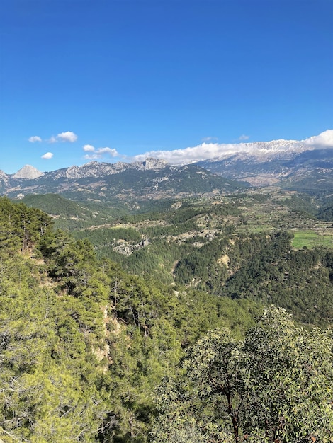 Une vue sur les montagnes et une vallée avec un ciel bleu et des nuages