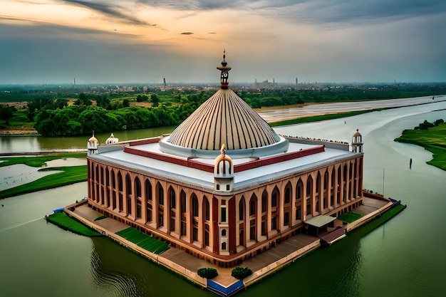 Une vue d'une mosquée au milieu d'un lac