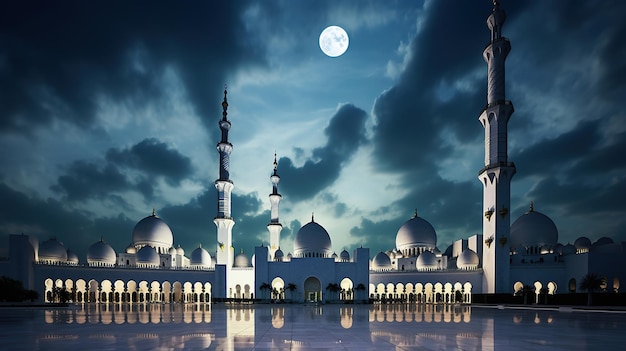 vue de la mosquée la nuit avec de beaux nuages