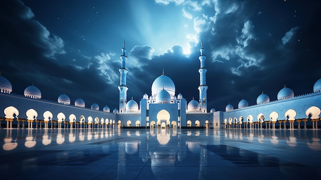 vue de la mosquée la nuit avec de beaux nuages