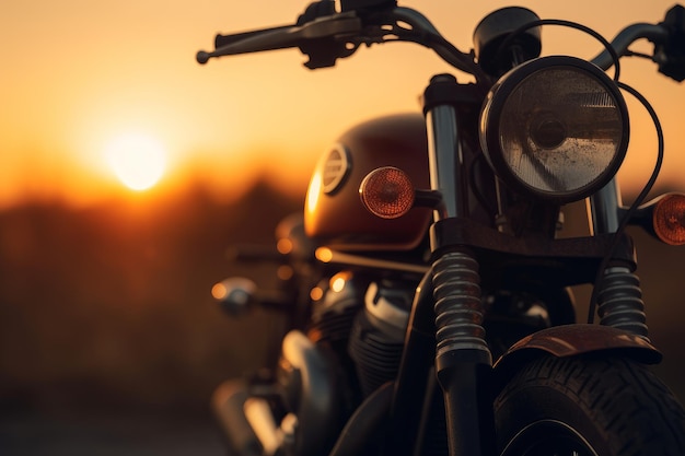 Vue d'une moto sur fond de coucher de soleil AI générative