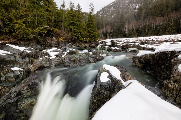 Photo vue sur la nature sur la vallée enneigée avec la rivière qui coule