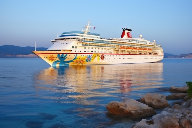 Vue d'un navire de croisière décoré depuis le rivage