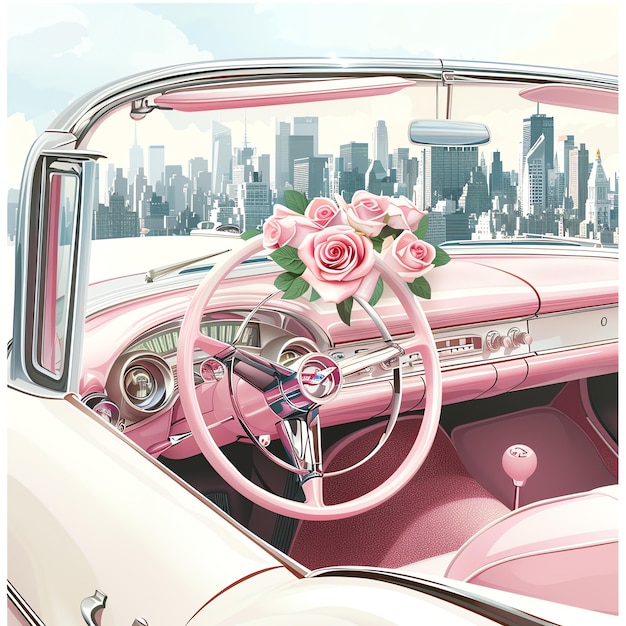 Photo vue de new york d'une voiture vintage avec un intérieur blanc et rose et un bouquet de roses rose clair sur
