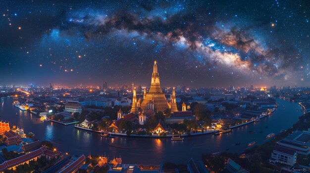 Vue nocturne de Bangkok avec le temple Wat Arun et le ciel étoilé