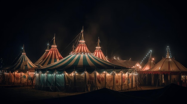 Vue nocturne d'un chapiteau de cirque et de nombreuses lampes lumineuses AI générative