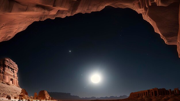 Une vue nocturne d'un désert avec une lune et des étoiles