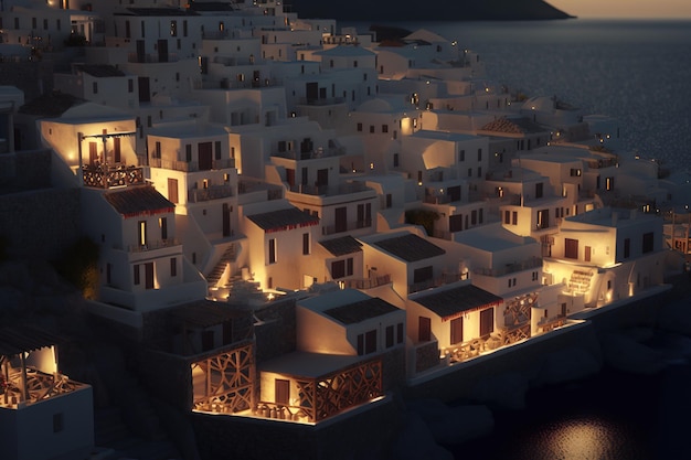 Une vue nocturne du village de mykonos