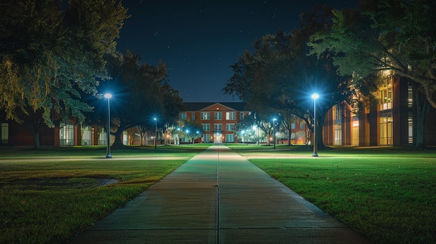 Vue nocturne enchanteuse du campus universitaire éclairé