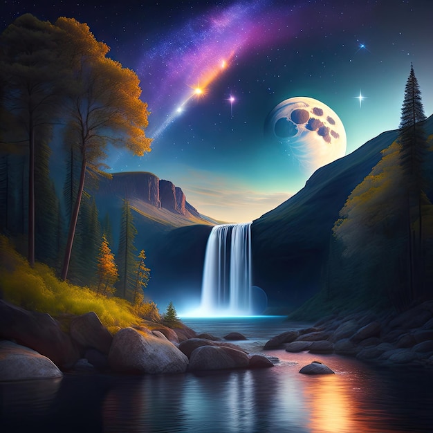 Vue nocturne fantastique de la cascade Ciel haut avec une dispersion d'étoiles et une grande lune