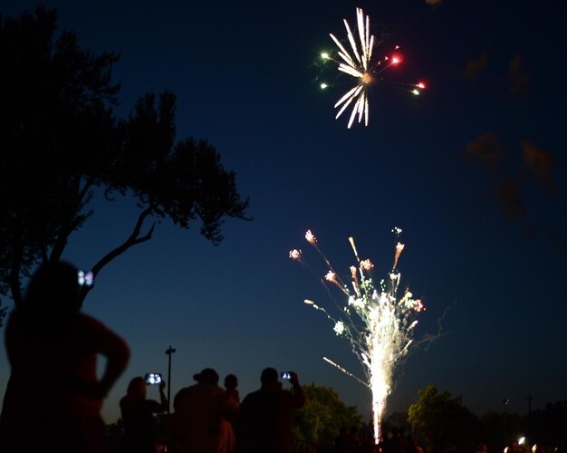 Vue nocturne des feux d'artifice sous un angle bas