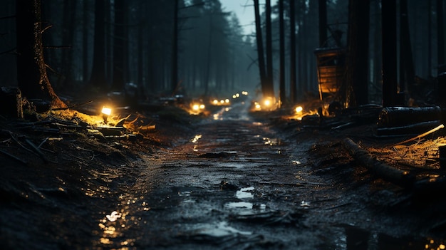 Vue nocturne de la forêt au crépuscule