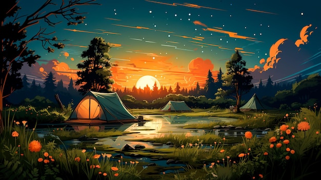 vue nocturne de la forêt avec une tente et une lanterne en bois