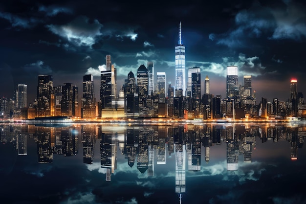 Vue nocturne de l'horizon de Manhattan à New York avec réflexion sur l'eau Vue panoramique de Londres et de la Tamise au crépuscule depuis le Tower Bridge