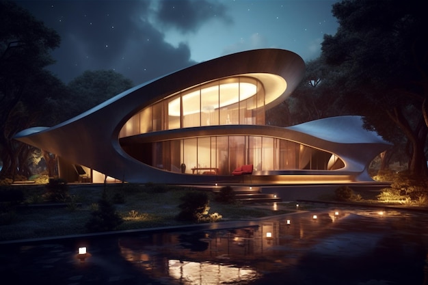 vue nocturne d'une maison futuriste avec piscine et fontaine ai générative