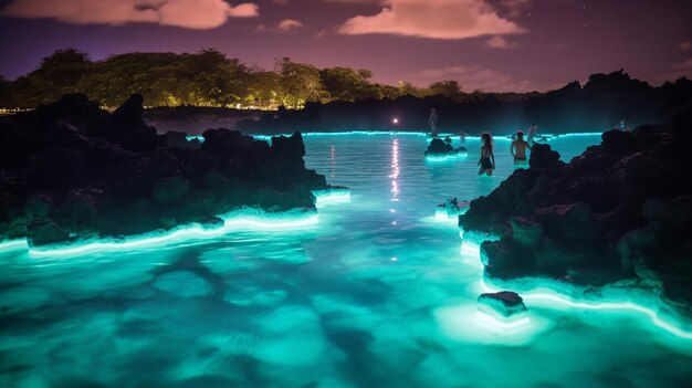 vue nocturne d'un plan d'eau avec des lumières vertes brillantes