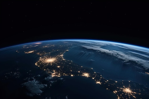 Vue nocturne de la planète Terre depuis l'espace Éléments de cette image fournis par la NASA Vues de la planète Terre la nuit depuis l'espace généré par l'IA