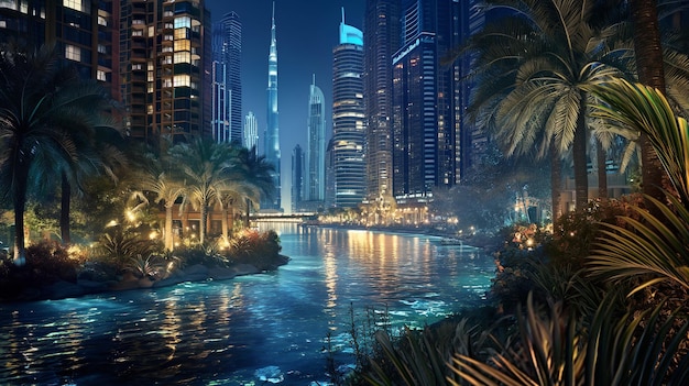 vue nocturne d'une rivière avec des palmiers et des bâtiments en arrière-plan
