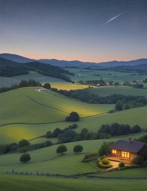 Photo une vue nocturne sereine d'une campagne paisible avec des collines vallonnées et un ciel étoilé capturé dans