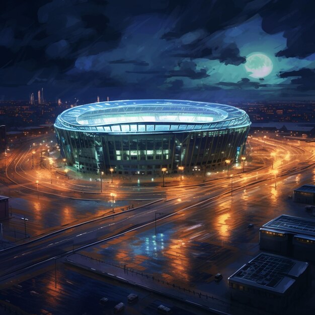 Photo vue nocturne d'un stade avec une lune pleine dans le ciel