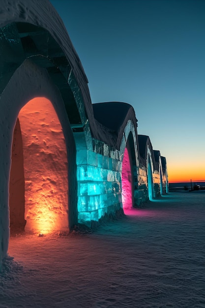 Vue nocturne d'une structure architecturale en glace avec des nuances de coucher de soleil