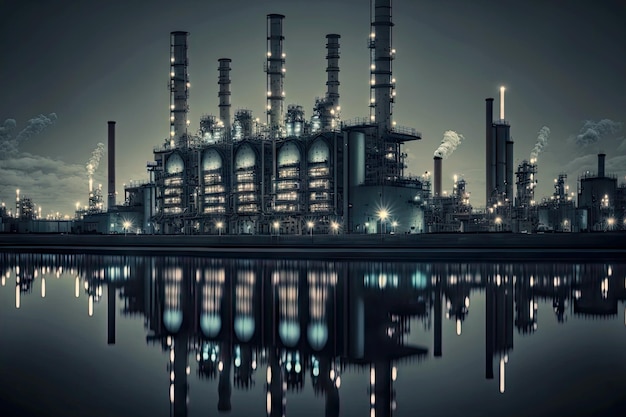 Vue nocturne de l'usine de l'industrie pétrochimique en activité avec des lumières lumineuses