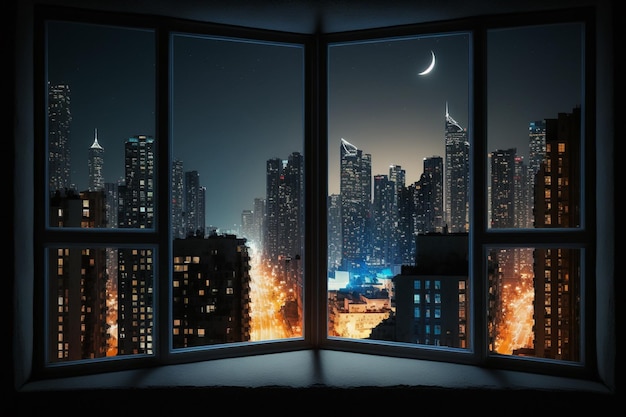 Vue nocturne de la ville depuis la fenêtre du bureau