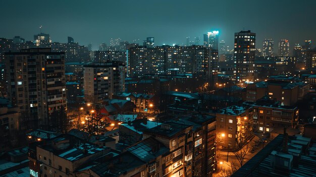 Photo une vue nocturne d'une ville depuis un toit la ville est pleine de grands bâtiments et de lumières le ciel est sombre et il y a quelques nuages