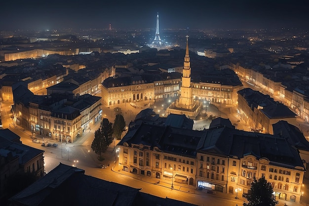 Vue nocturne de la ville devant la place