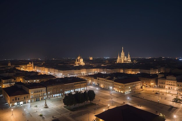 Vue nocturne de la ville devant la place