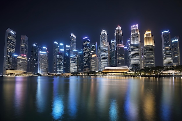 Vue nocturne de la ville avec une lumière artificielle réfléchie sur la surface de l'eau Singapour