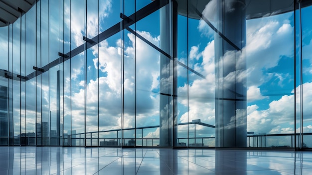 Vue sur les nuages reflétés dans l'immeuble de bureaux en verre courbe