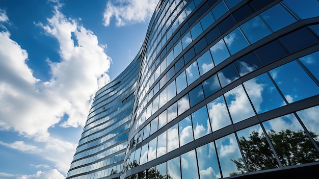 Vue sur les nuages reflétés dans l'immeuble de bureaux en verre courbe