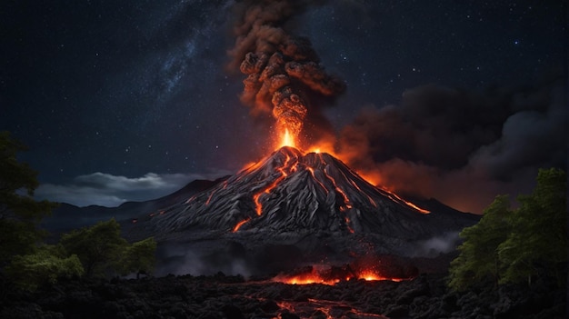 Photo vue de nuit d'une éruption volcanique