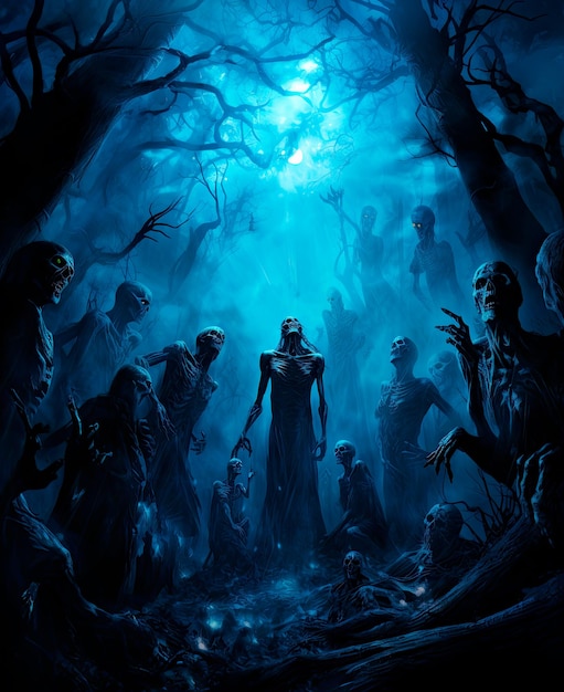 vue de nuit, image d'arrière-plan de bois sombres avec des zombies et des crânes