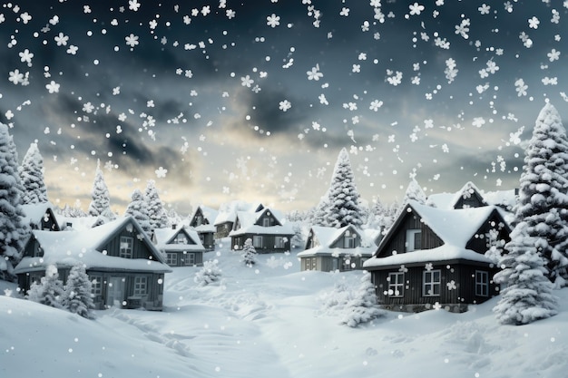 Vue de nuit de Noël d'hiver avec de la neige sur des chalets en bois