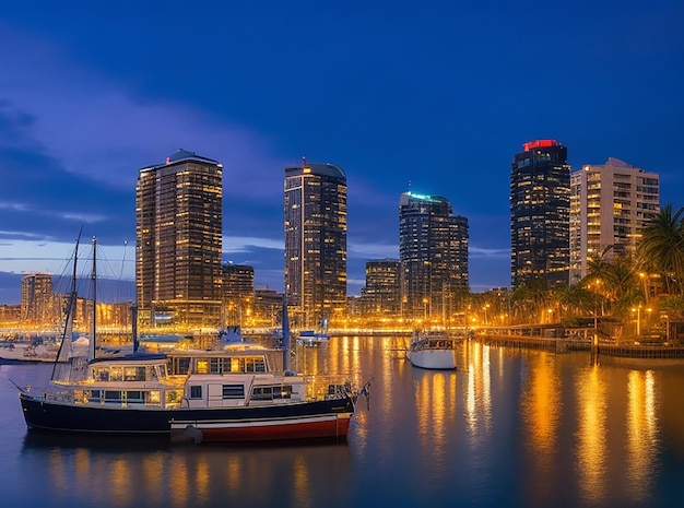 Vue de nuit de la ville au crépuscule de la baie urbaine du front de mer