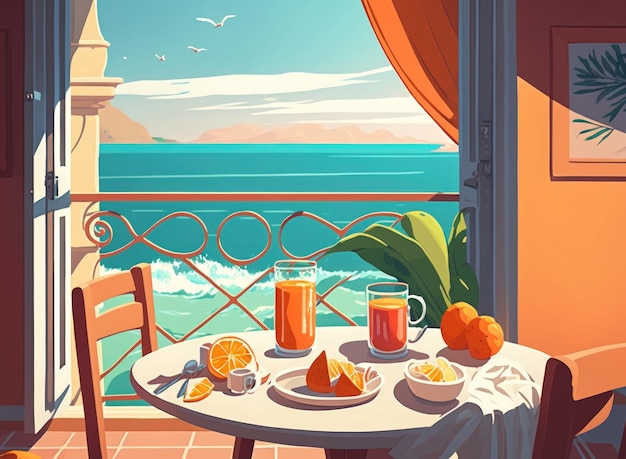 Vue sur l'océan depuis l'appartement le petit déjeuner est servi sur une table dans le balcon avec mobilier de jardin Jus d'orange qui vient d'être pressé et croissants