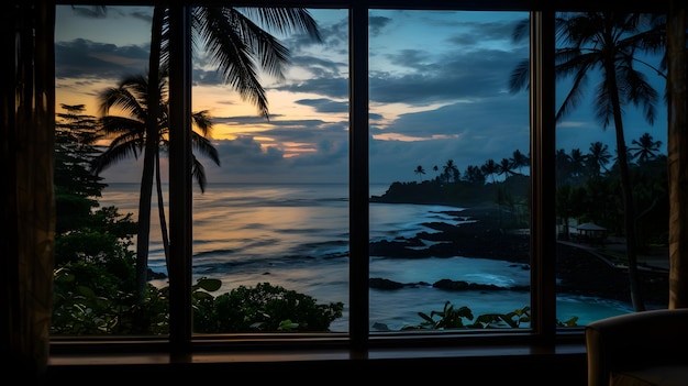 une vue sur l'océan depuis la fenêtre d'une chambre d'hôtel Vue de la fenêtre depuis la fenêtre du complexe