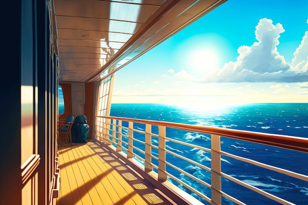 Vue sur l'océan depuis le pont du navire lors d'un voyage en mer ensoleillé