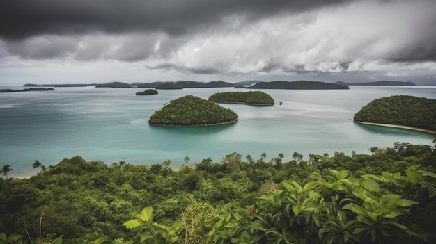 Une vue sur l'océan et les îles au loin.