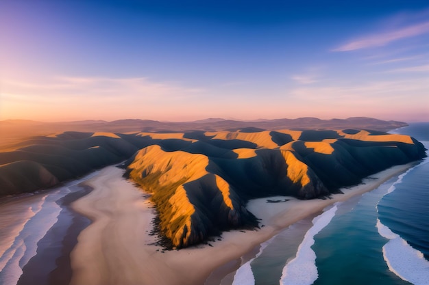 Une vue sur l'océan et les montagnes depuis les airs