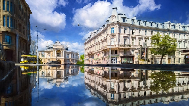 Vue d'Odessa sur le théâtre d'opéra et de ballet avec reflet dans l'eau Illustration