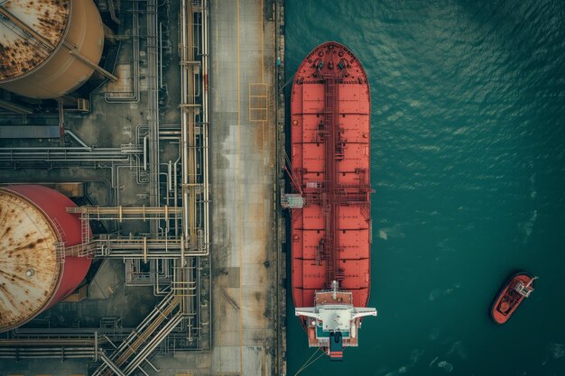 Vue d'oiseau d'un énorme cargo rouge à côté de réservoirs de pétrole industriels