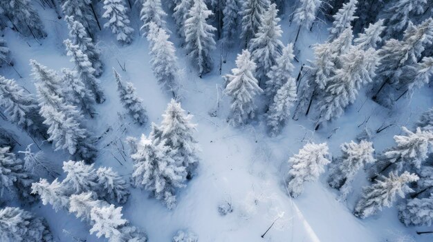 Vue d'oiseau de la forêt enneigée