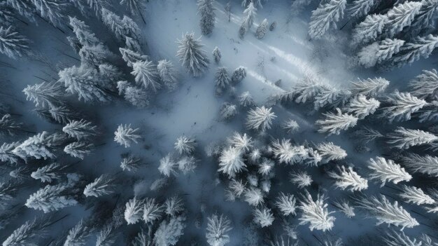 Vue d'oiseau de la forêt enneigée