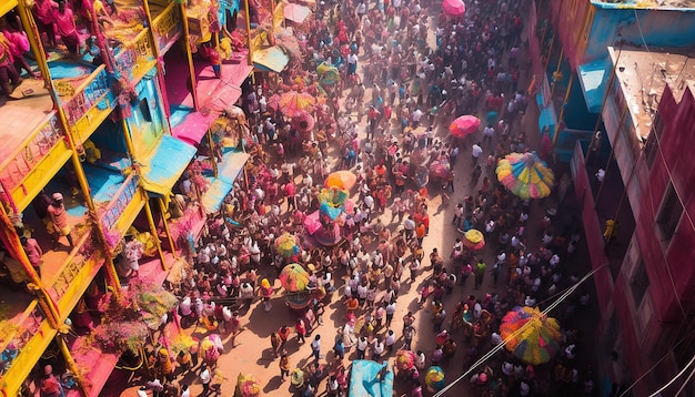 une vue d'oiseau d'une grande foule célébrant Holi