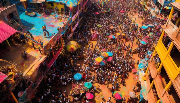 Photo une vue d'oiseau d'une grande foule célébrant holi