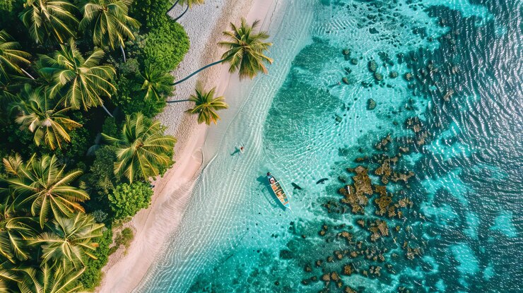 Photo vue d'oiseau d'un randonneur explorant une île paradisiaque éloignée